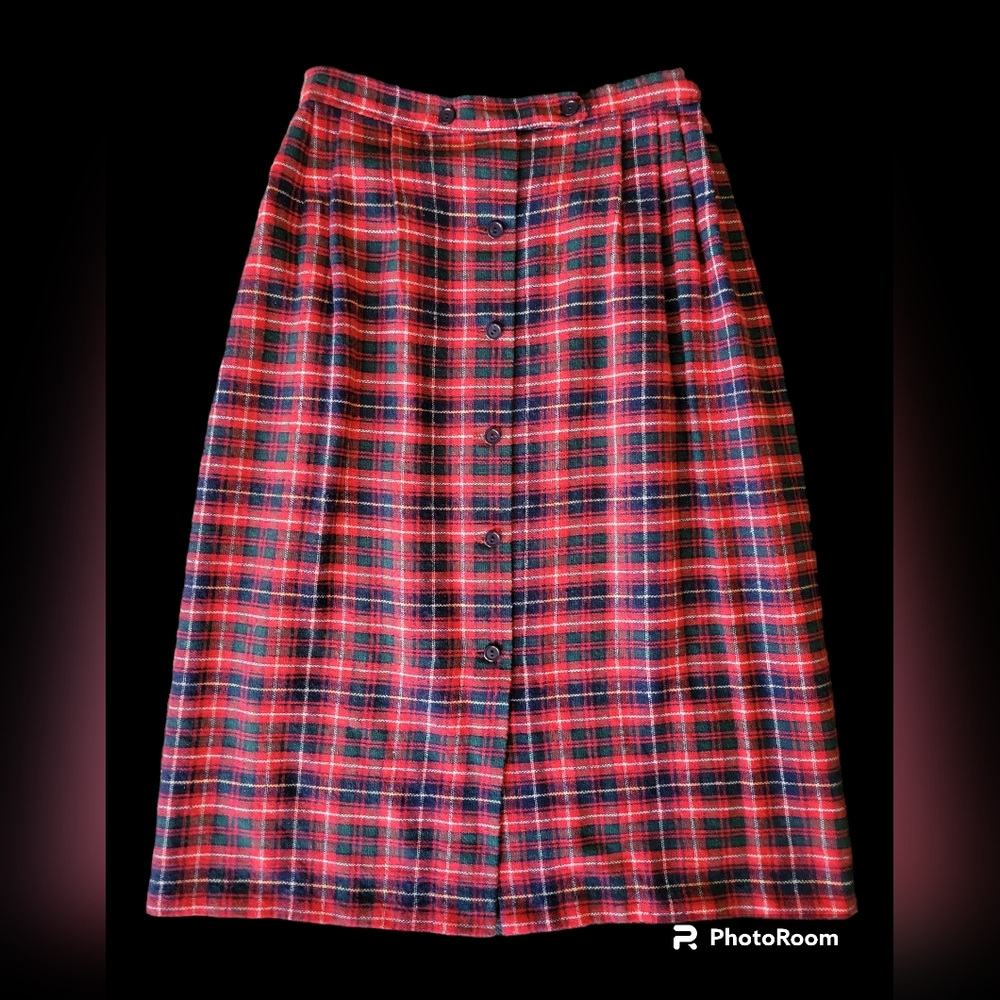 Vtg Plaid Button Down Skirt Waist 28" Green Red Yellow Blue White